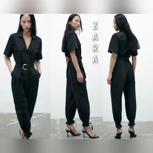 Zara Poplin Cargo Jumpsuit Black Size M NWT